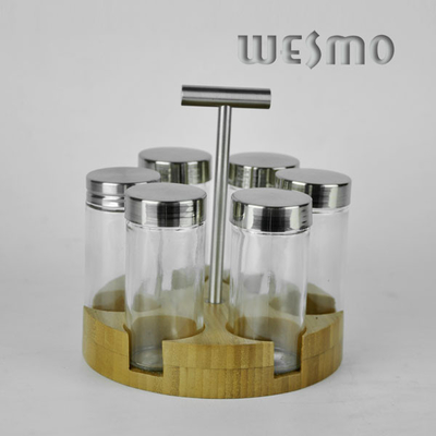 Revolving Bamboo Spice Rack with 6pcs Glass Spice Shakers
