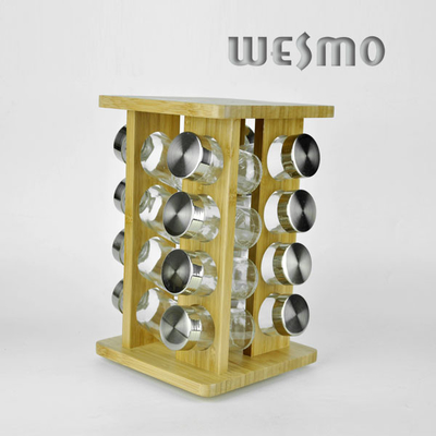 Custom Carousel Bamboo Spice Rack with 16pcs Glass Spice Shakers