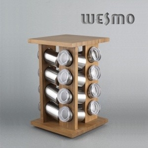 16 Stainless Steel Bottles, Durable Carousel Revolving Bamboo Spice Rack